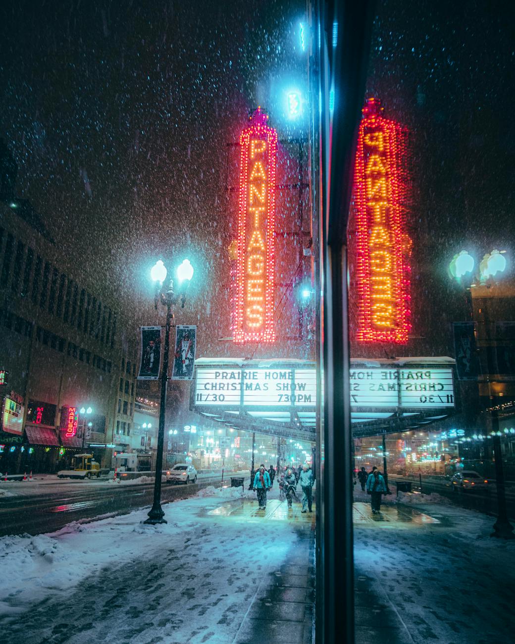 photo of a winter night outside of Pantages
